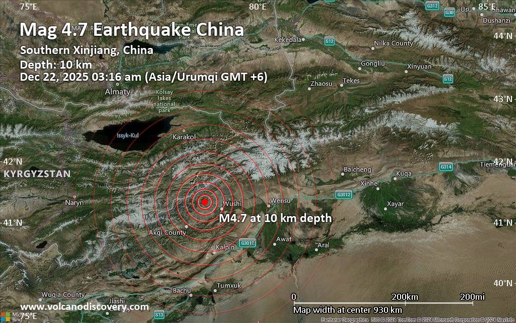 Moderate magnitude 4.7 earthquake 117 km northwest of Aykol, China