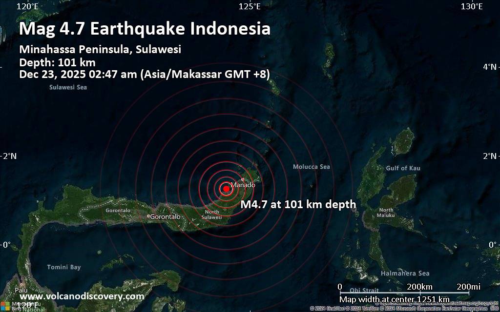Moderate magnitude 4.7 earthquake 49 km southwest of Manado, Indonesia