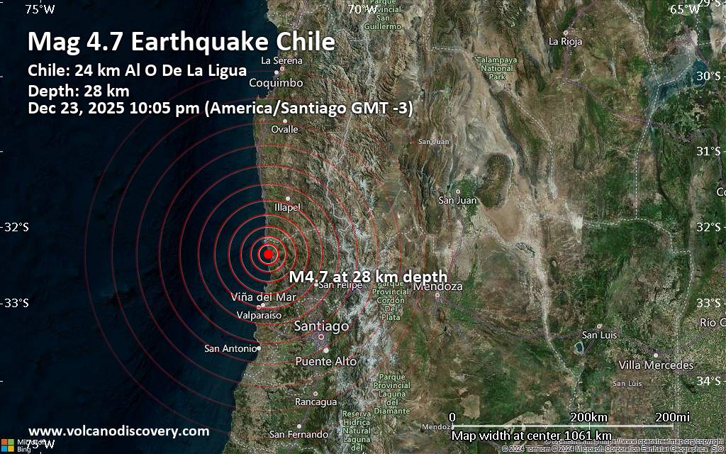 Magnitude 4.7 earthquake strikes near La Ligua, Petorca Province, Region de Valparaiso, Chile
