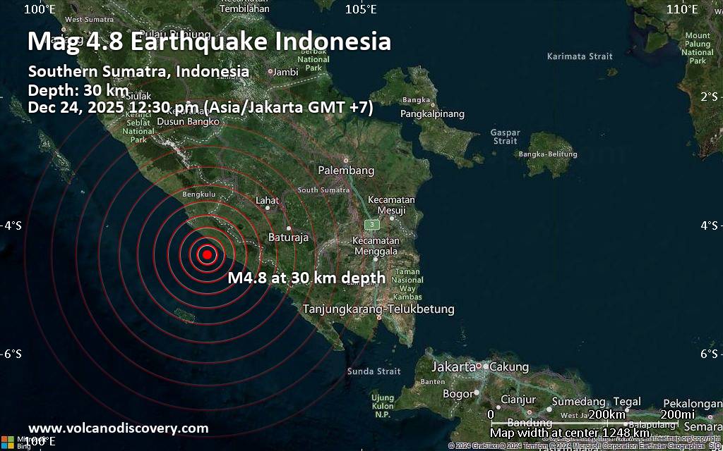 Magnitude 4.8 earthquake strikes near Bengkulu, Kota Bengkulu, Indonesia