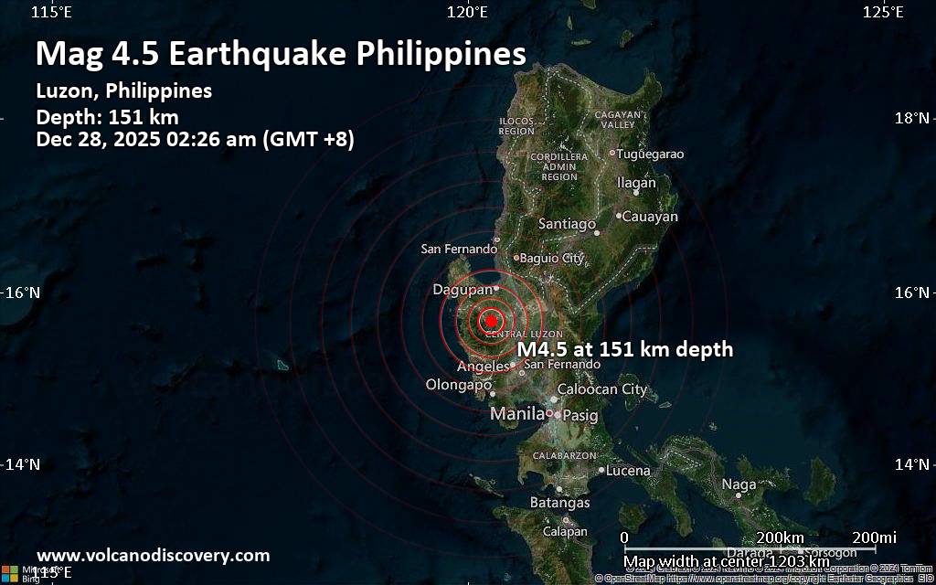 Moderate 4.5 quake hits near Bayambang, Pangasinan, Ilocos, Philippines