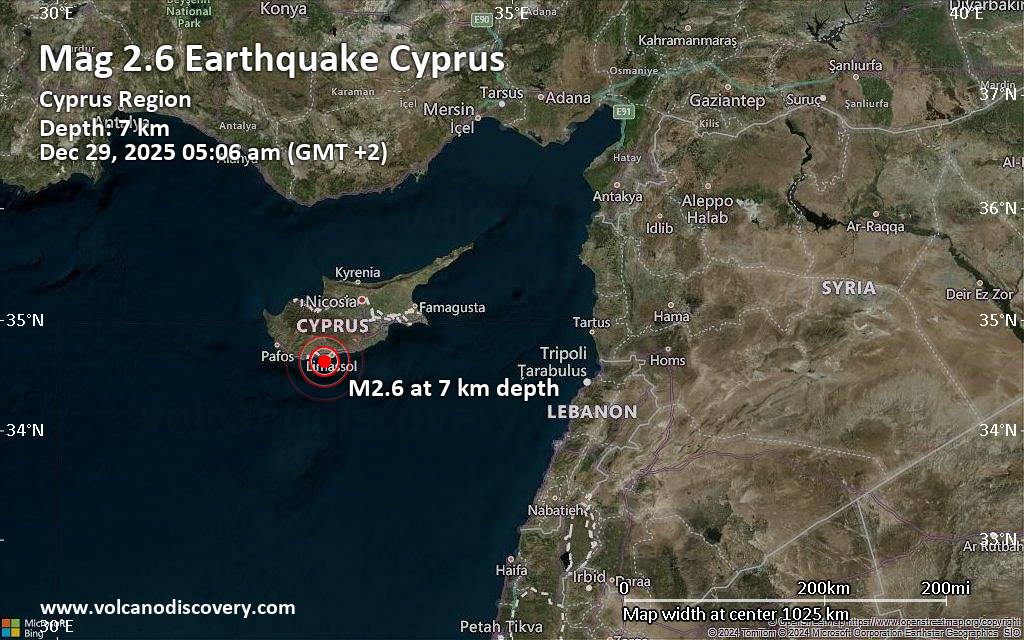 Small tremor of magnitude 2.6 just reported 11 km southwest of Limassol, Cyprus