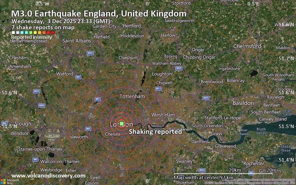 Seismic-like event, possible earthquake, reported about 10 minutes ago near London, England, United Kingdom