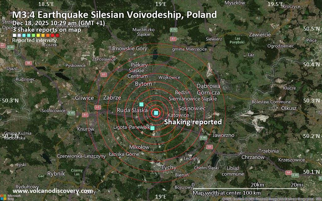 Seismic-like event, possible earthquake, reported few minutes ago near Katowice, Silesia, Poland