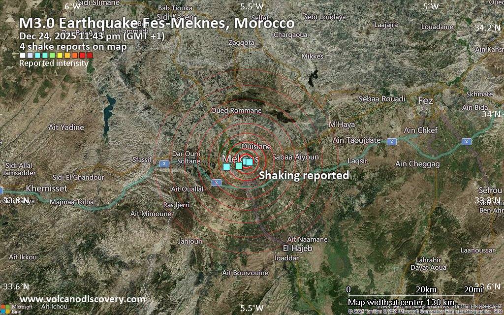 Seismic-like event, possible earthquake, reported few minutes ago near Meknes, Fès-Meknès, Morocco