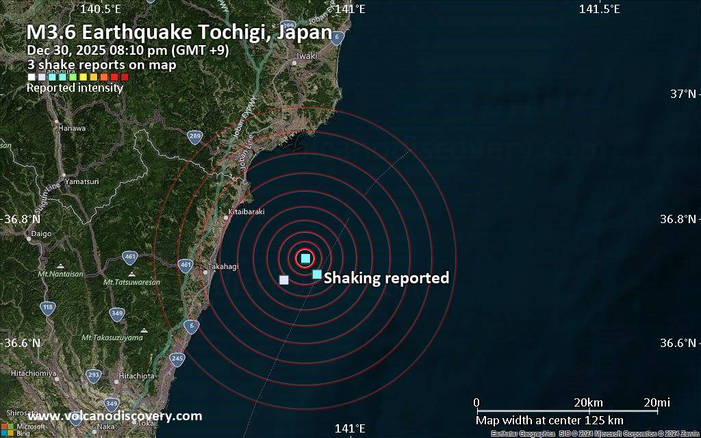Seismic-like event, possible earthquake, reported few minutes ago near Nasushiobara, Tochigi, Japan