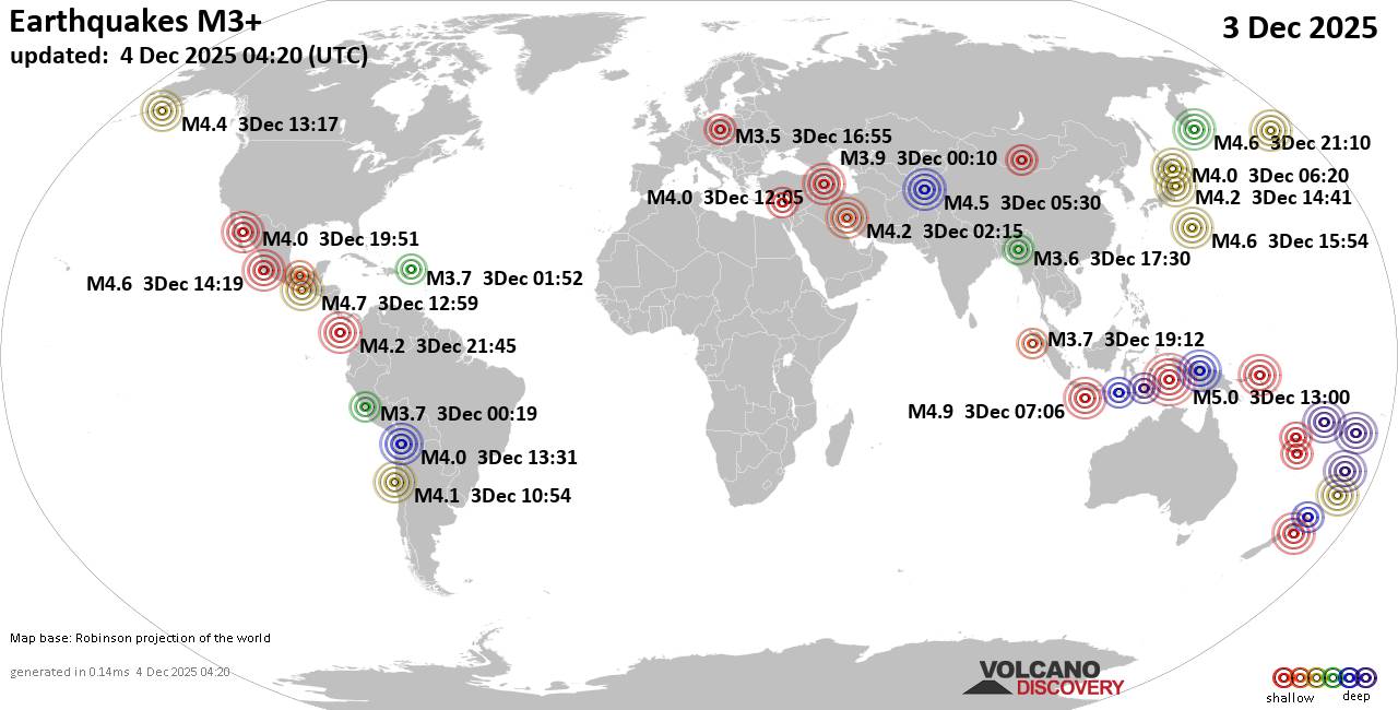 Worldwide earthquakes above magnitude 3 during the past 24 hours on  4 Dec 2025