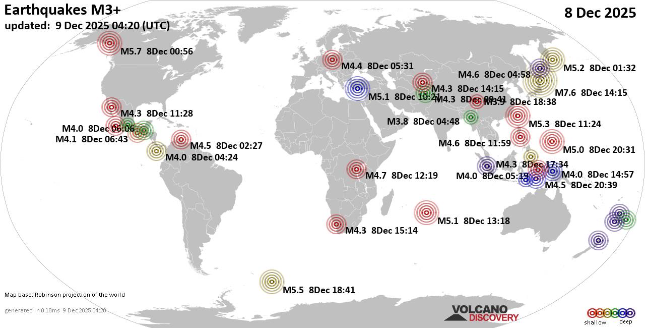 World Earthquake Report for Monday, 8 December 2025