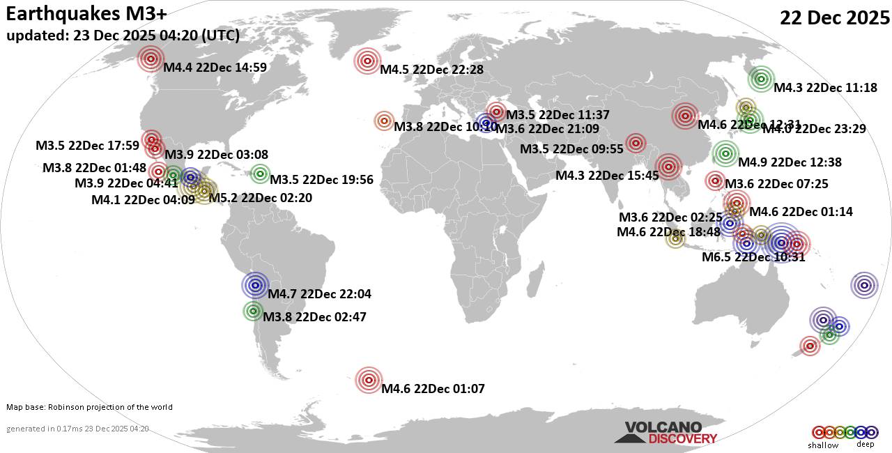 World Earthquake Report for Monday, 22 December 2025