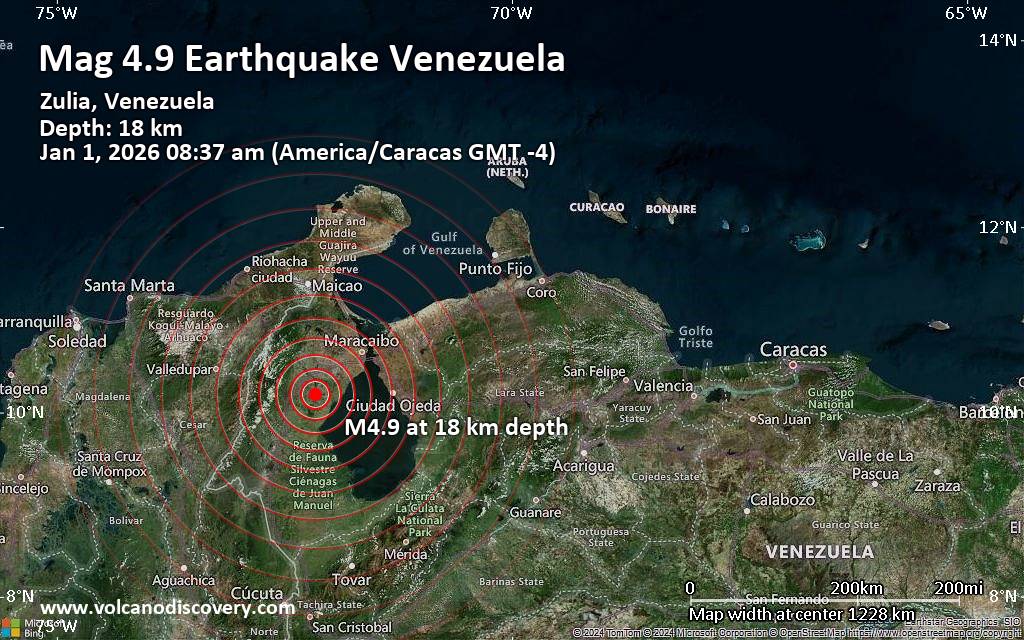 Moderate earthquake of magnitude 4.9 just reported 23 km southeast of La Villa del Rosario, Venezuela