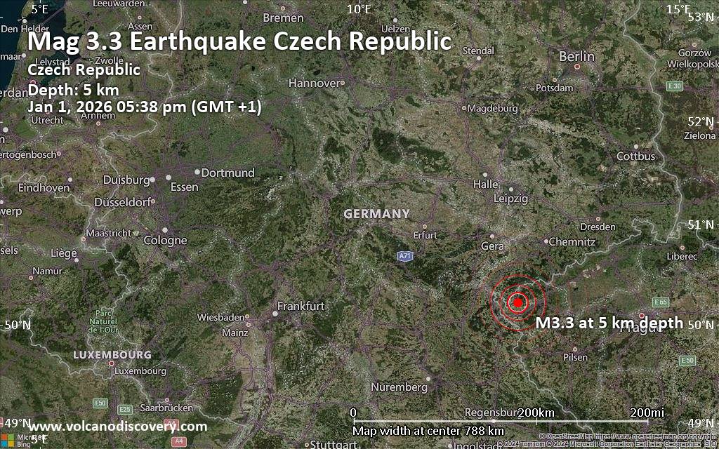 Magnitude 3.3 earthquake strikes near Karlovy Vary, Okres Karlovy Vary, Karlovarsky kraj, Czechia