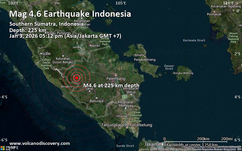 Moderate earthquake of magnitude 4.6 just reported 21 km northeast of Lubuklinggau, Indonesia
