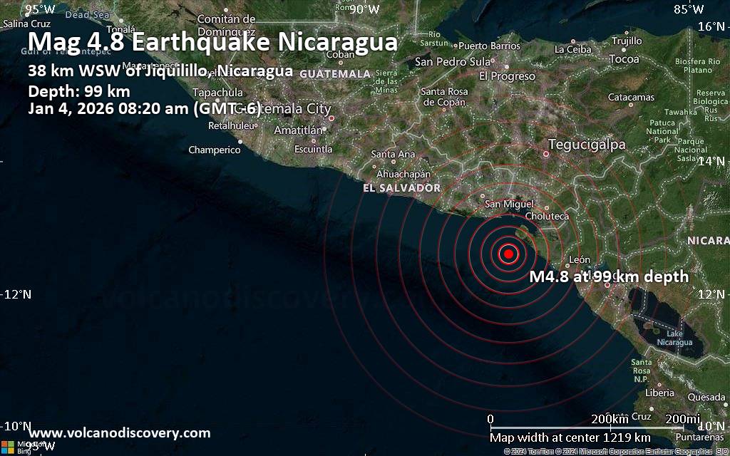 Moderate magnitude 4.8 earthquake 71 km west of Chinandega, Nicaragua
