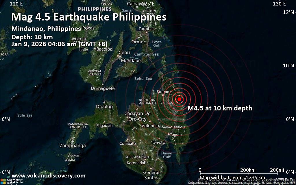 Moderate earthquake of magnitude 4.5 just reported 37 km northeast of Prosperidad, Philippines