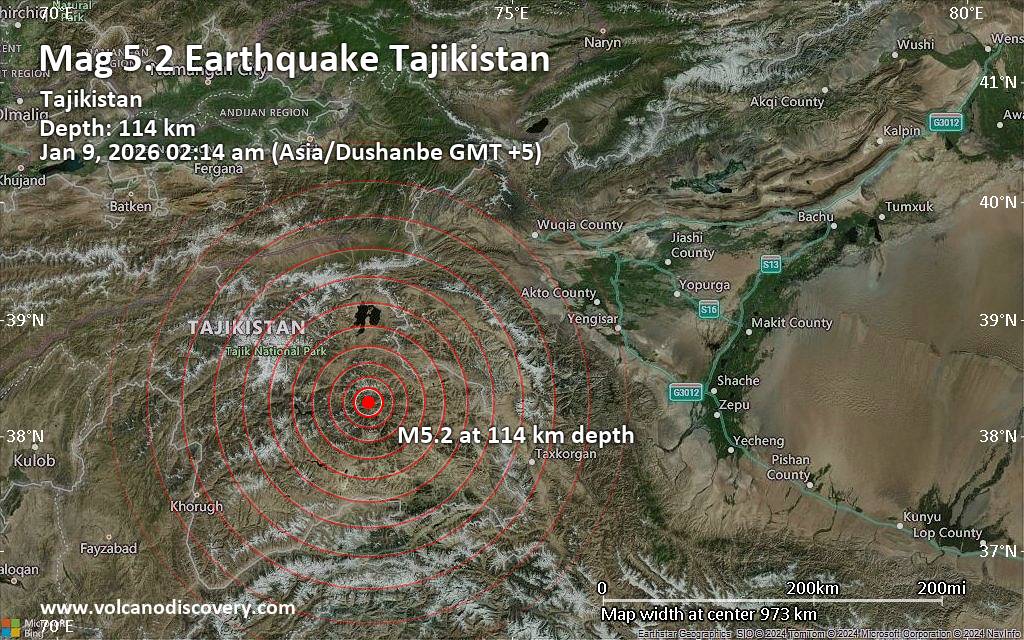 Moderate yet deep magnitude 5.2 earthquake 49 km northwest of Murghab, Tajikistan