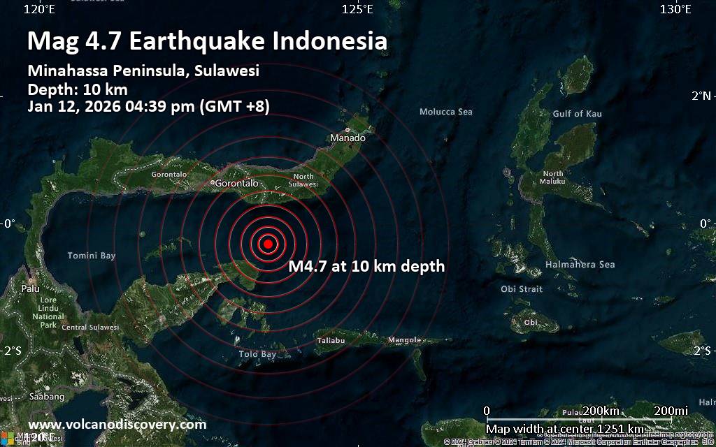 Moderate magnitude 4.7 quake hits 112 km southeast of Gorontalo, Indonesia in the afternoon