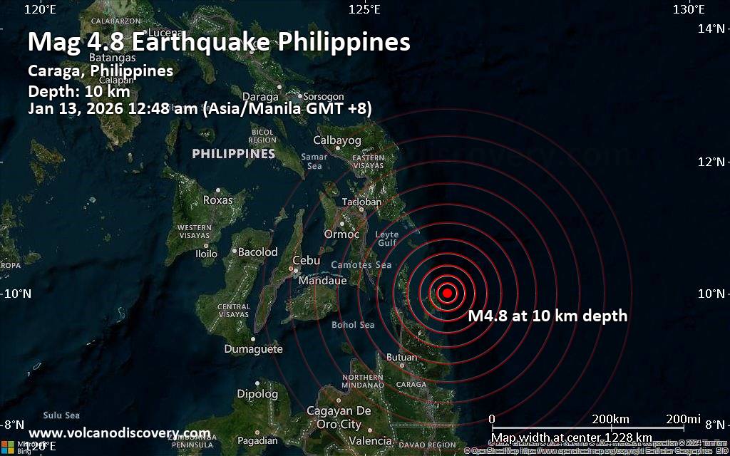 Magnitude 4.8 earthquake strikes near Surigao, Surigao del Norte, Caraga, Philippines
