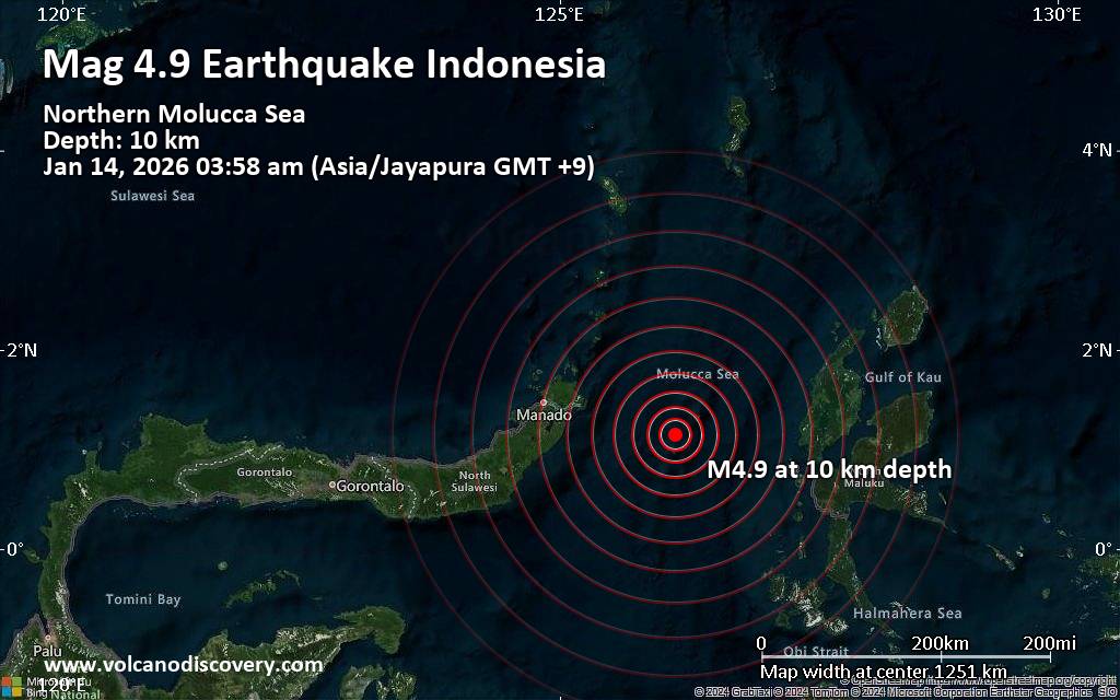 Moderate magnitude 4.9 earthquake 113 km southeast of Bitung, Indonesia