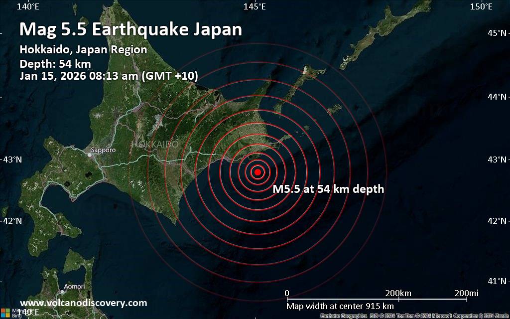 Significant earthquake of magnitude 5.5 just reported 60 km southeast of Kushiro, Japan