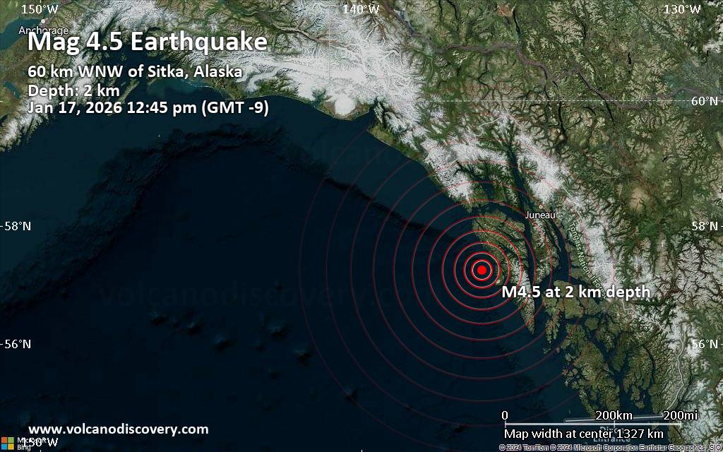 Moderate earthquake of magnitude 4.5 just reported 38 miles northwest of Sitka, Alaska, United States