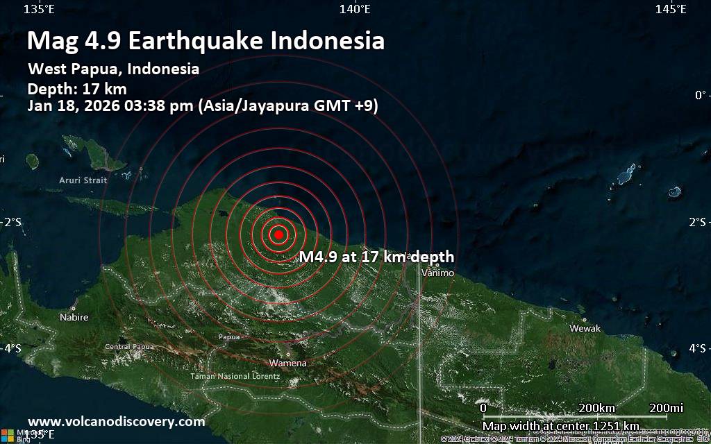 Moderate magnitude 4.9 quake hits 39 km south of Sarmi, Indonesia early afternoon