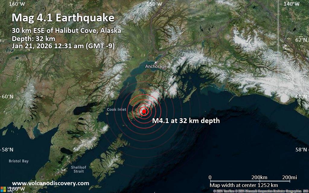 Magnitude 4.1 earthquake strikes near Homer, Kenai Peninsula, Alaska, USA