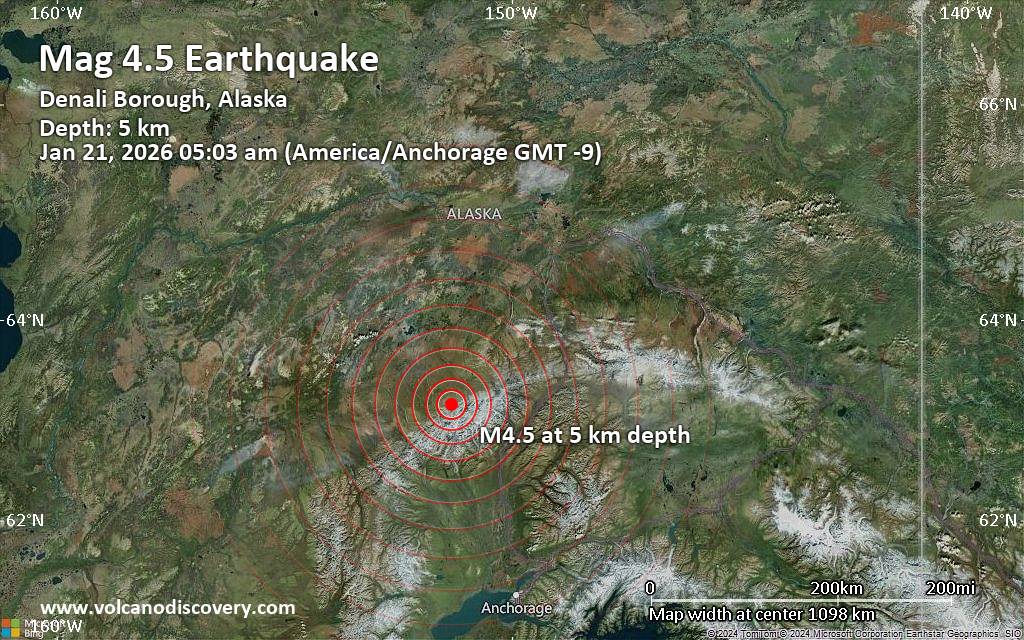 Moderate 4.5 quake hits near Denali National Park, Denali, Alaska, USA