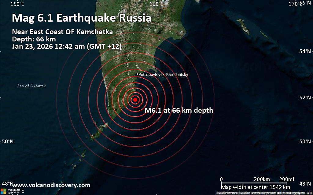 Significant magnitude 6.1 quake hits 130 km south of Petropavlovsk-Kamchatskiy, Russia after midnight