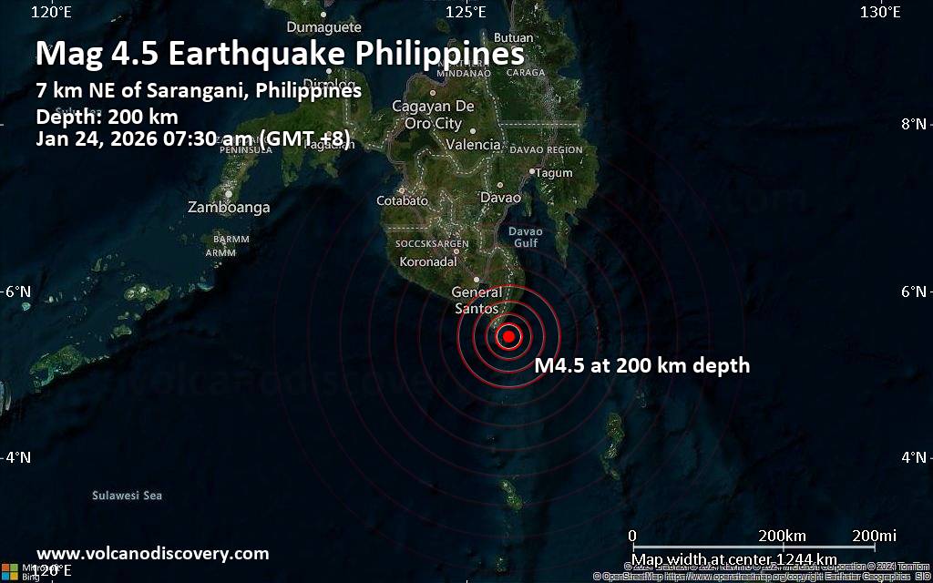 Magnitude 4.5 earthquake strikes near Alabel, Province of Sarangani, Soccsksargen, Philippines