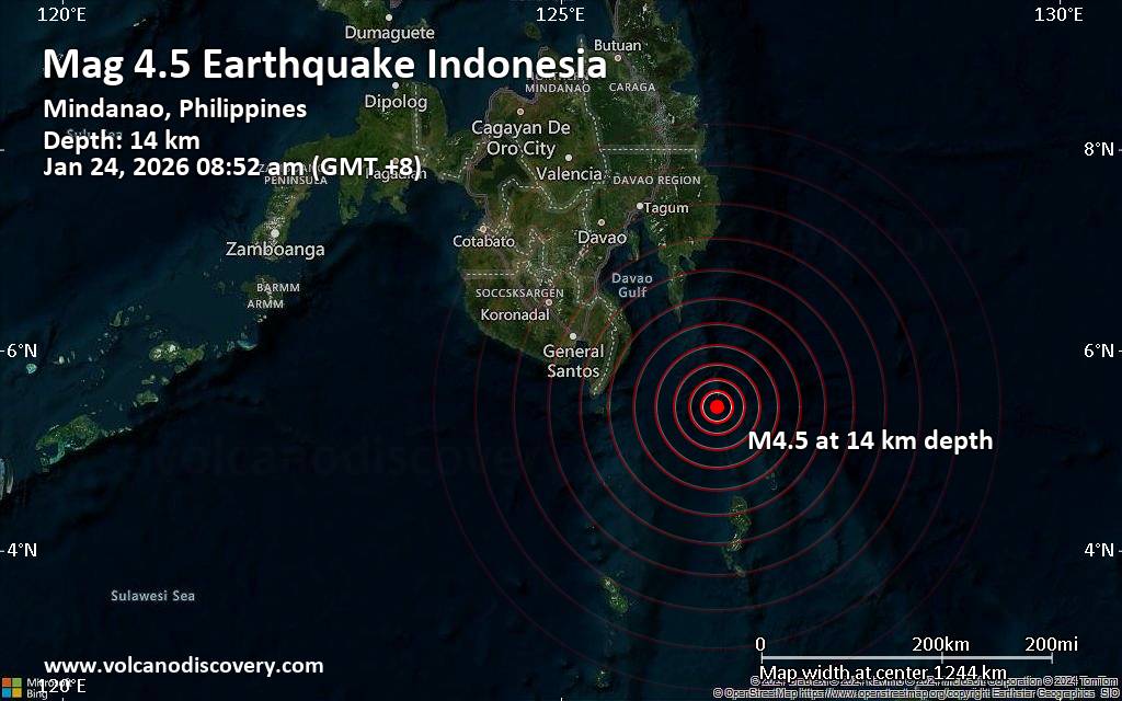 Moderate earthquake of magnitude 4.5 just reported 12 km south of Miangas, Indonesia