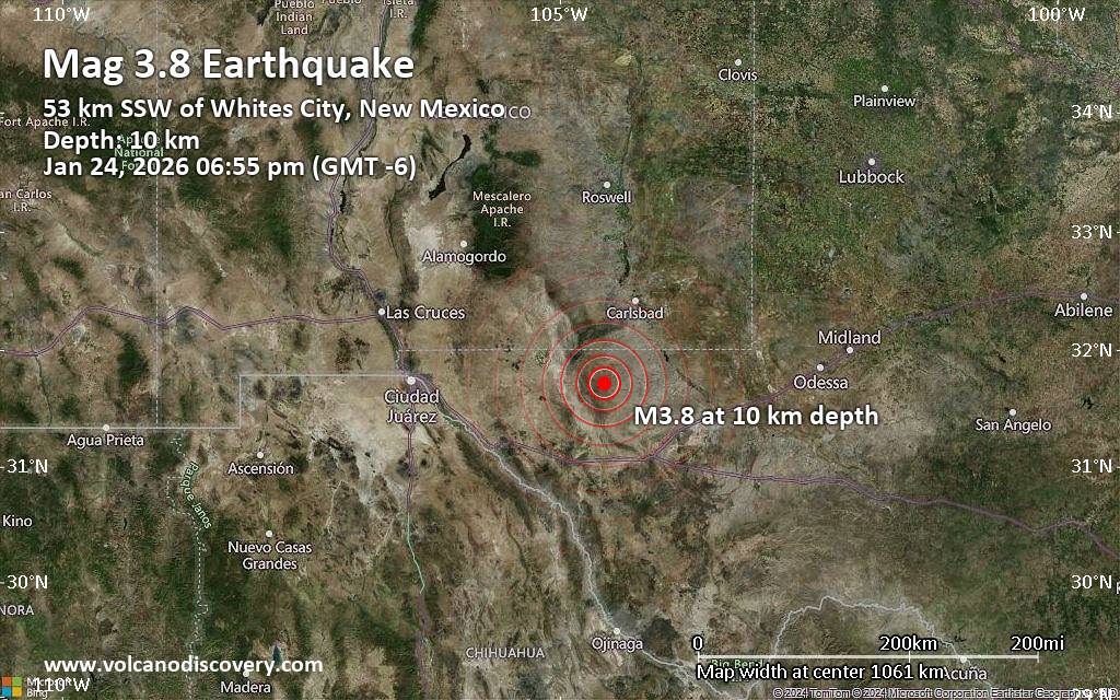 Magnitude 3.8 earthquake strikes near Carlsbad, Eddy County, New Mexico, USA