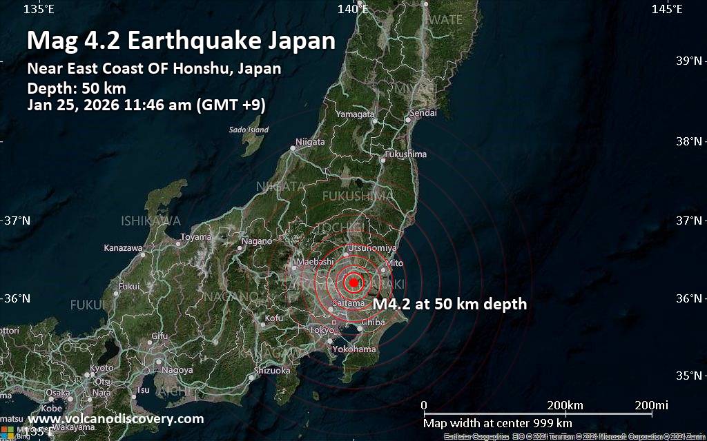 Moderate earthquake of magnitude 4.2 just reported 9 km west of Tsukuba, Japan
