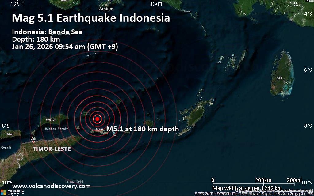 Gempa bumi berkekuatan 5.1 sedang namun dalam 45 km utara Tiakur, Indonesia