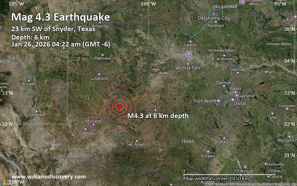 Moderate magnitude 4.3 earthquake 31 miles northeast of Big Spring, Texas, United States