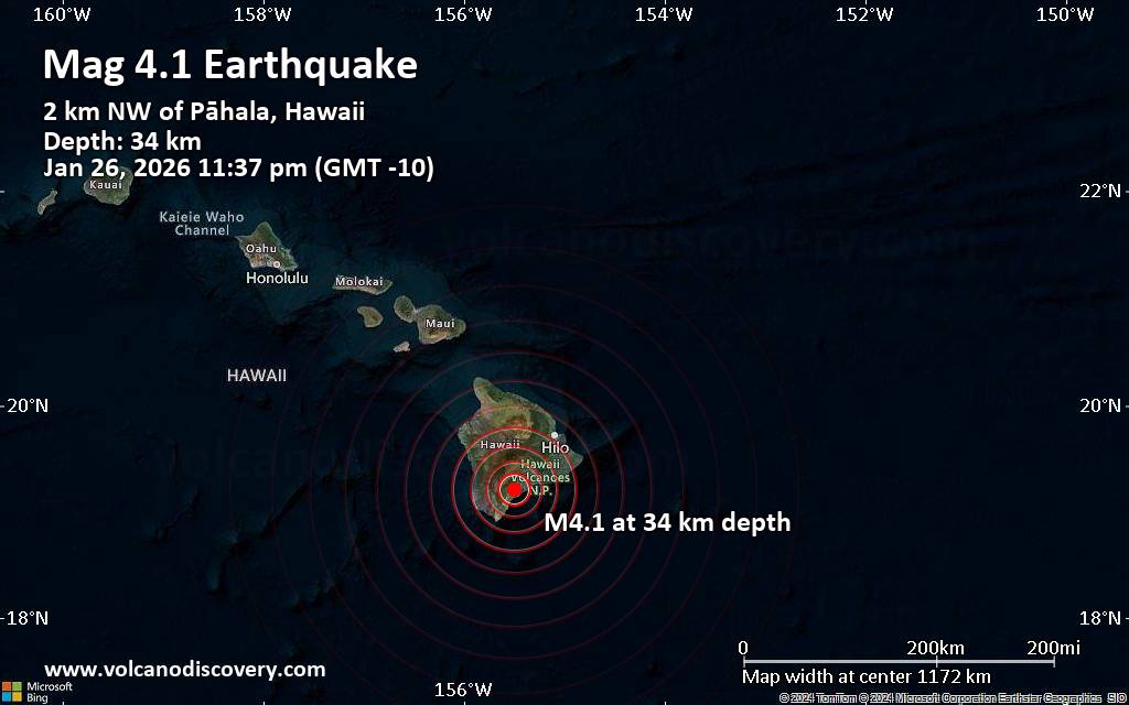 Moderate 4.1 Magnitude Earthquake Strikes Near Hilo, Hawaii County, USA