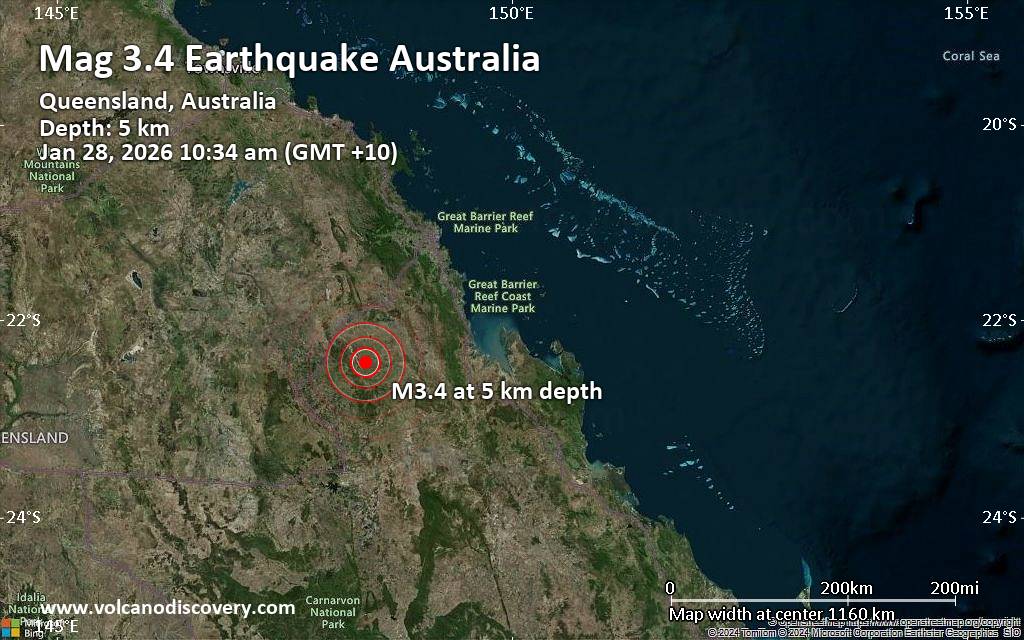 Small tremor of magnitude 3.4 just reported 11 miles northeast of Dysart, Queensland, Australia