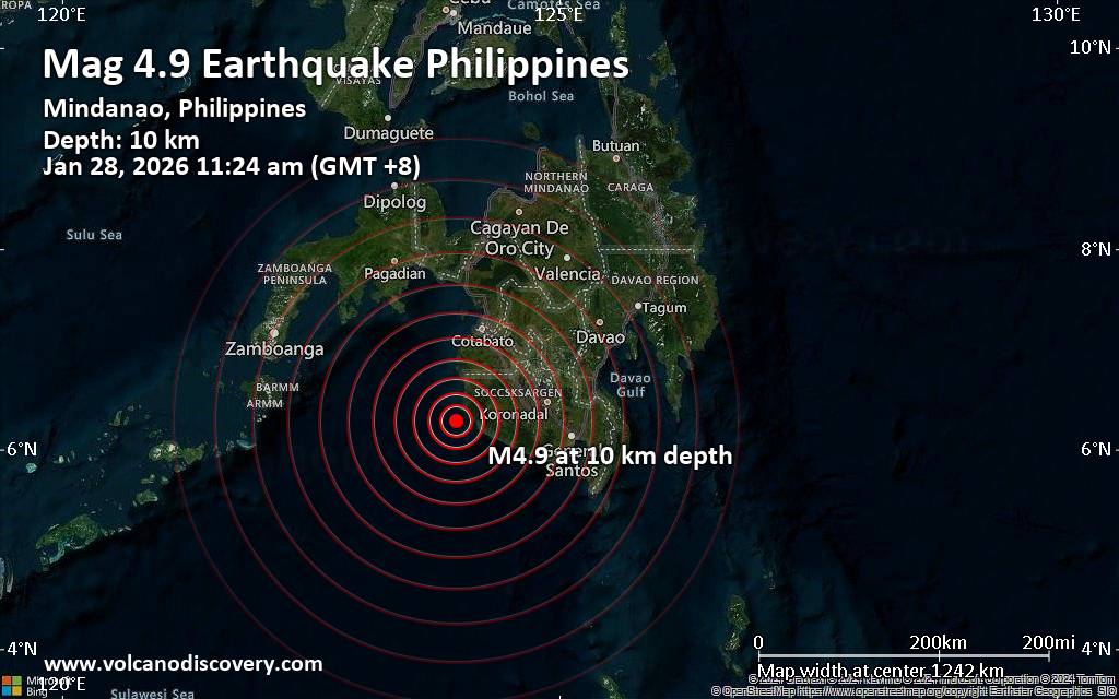 Magnitude 4.9 earthquake strikes near Isulan, Sultan Kudarat, Soccsksargen, Philippines