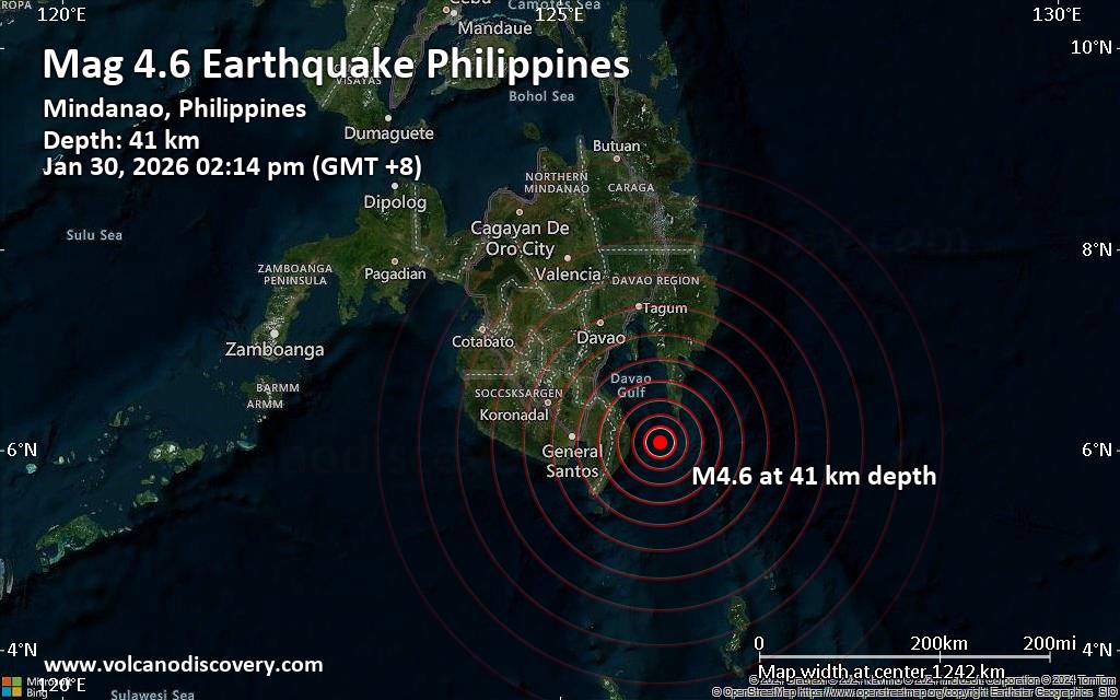 Moderate 4.6 quake hits near Malita, Davao Occidental, Davao, Philippines