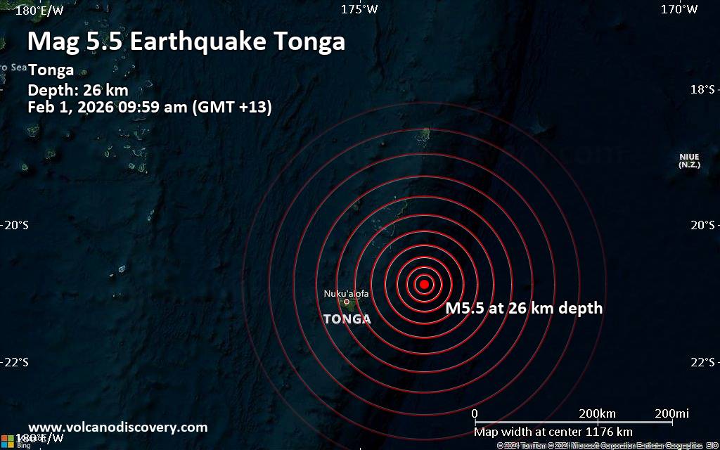 Magnitude 5.5 Earthquake Occurs 129 km Northeast of Nuku’alofa, Tonga