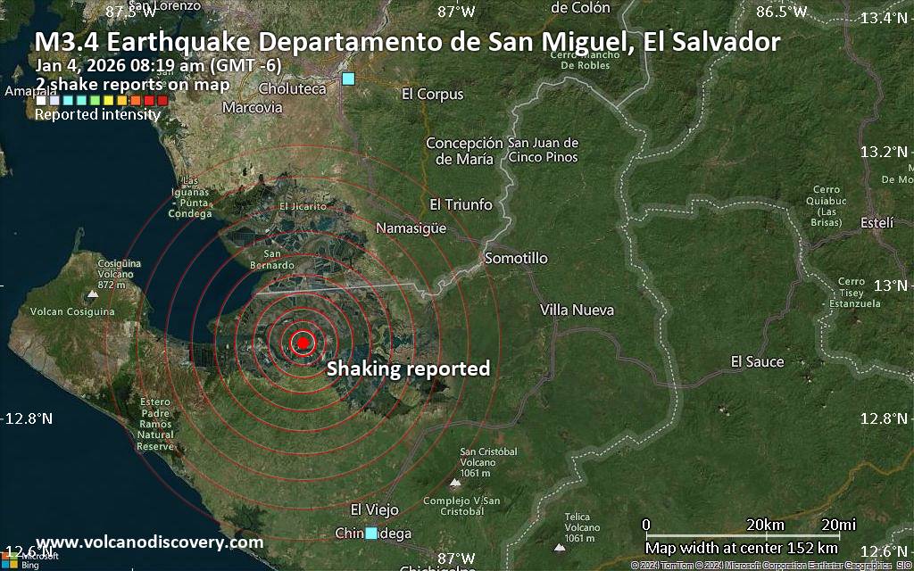 Seismic-like event, possible earthquake, reported few minutes ago near Leon, León Department, Nicaragua