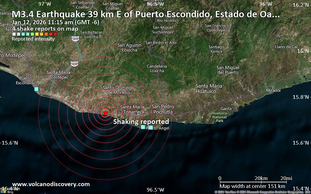 Seismic-like event, possible earthquake, reported about 10 minutes ago near Puerto Escondido, Oaxaca, Mexico