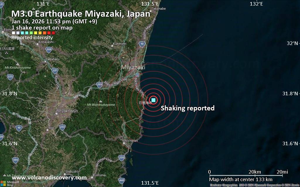 Seismic-like event, possible earthquake, reported few minutes ago near Miyazaki, Miyazaki, Japan
