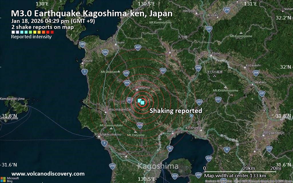 Seismic-like event, possible earthquake, reported few minutes ago near Kirishima, Kagoshima, Japan