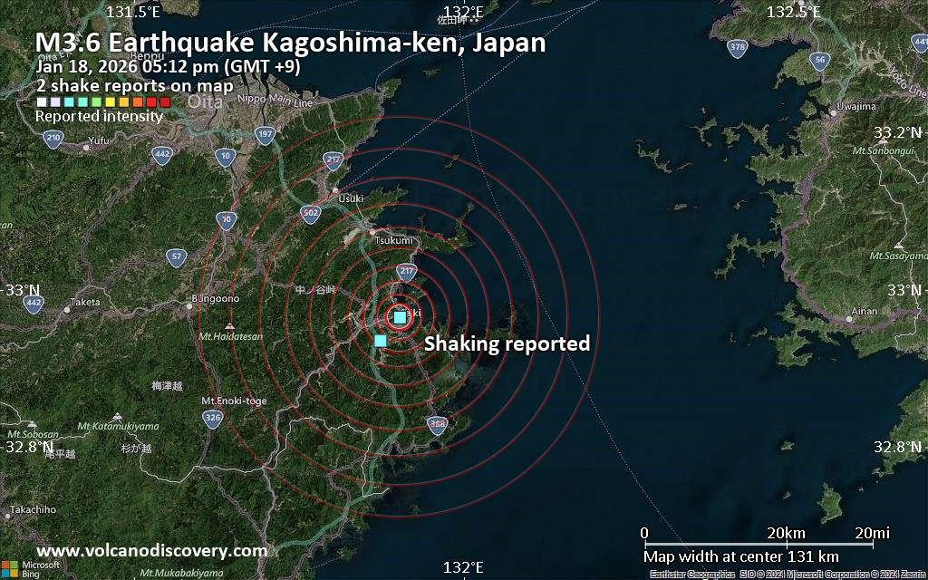 Seismic-like event, possible earthquake, reported few minutes ago near Kirishima, Kagoshima, Japan