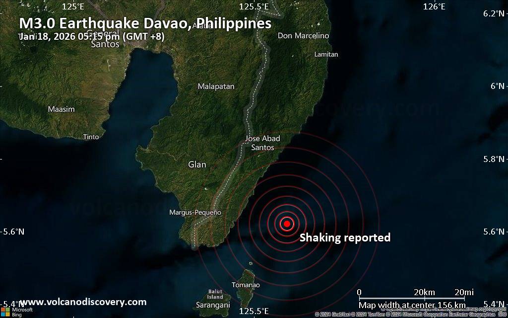 Seismic-like event, possible earthquake, reported few minutes ago near Sarangani, Davao Region, Philippines