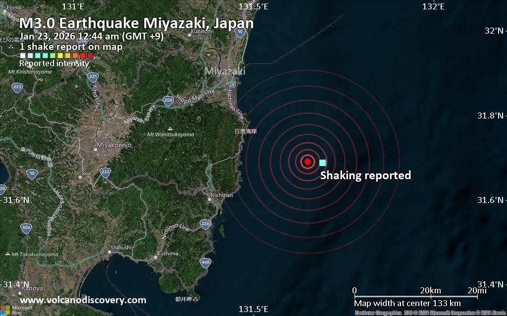 Seismic-like event, possible earthquake, reported few minutes ago near Miyazaki, Miyazaki, Japan