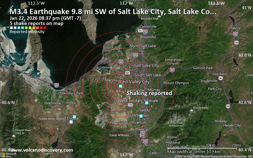 Seismic-like event, possible earthquake, reported about 10 minutes ago near Salt Lake City, Utah, USA