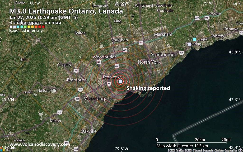 Seismic-like event, possible earthquake, reported few minutes ago near Toronto, Ontario, Canada