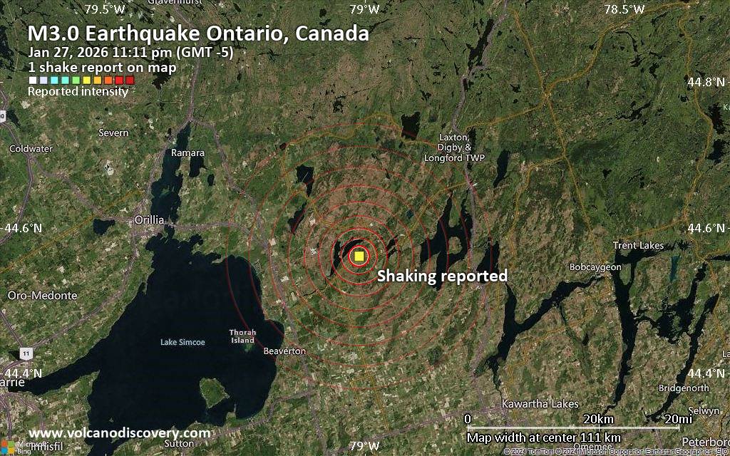 Seismic-like event, possible earthquake, reported few minutes ago near Lindsay, Ontario, Canada