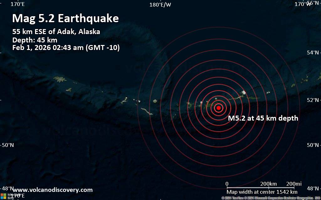 Magnitude 5.2 earthquake strikes near Adak, Aleutians West, Alaska, USA